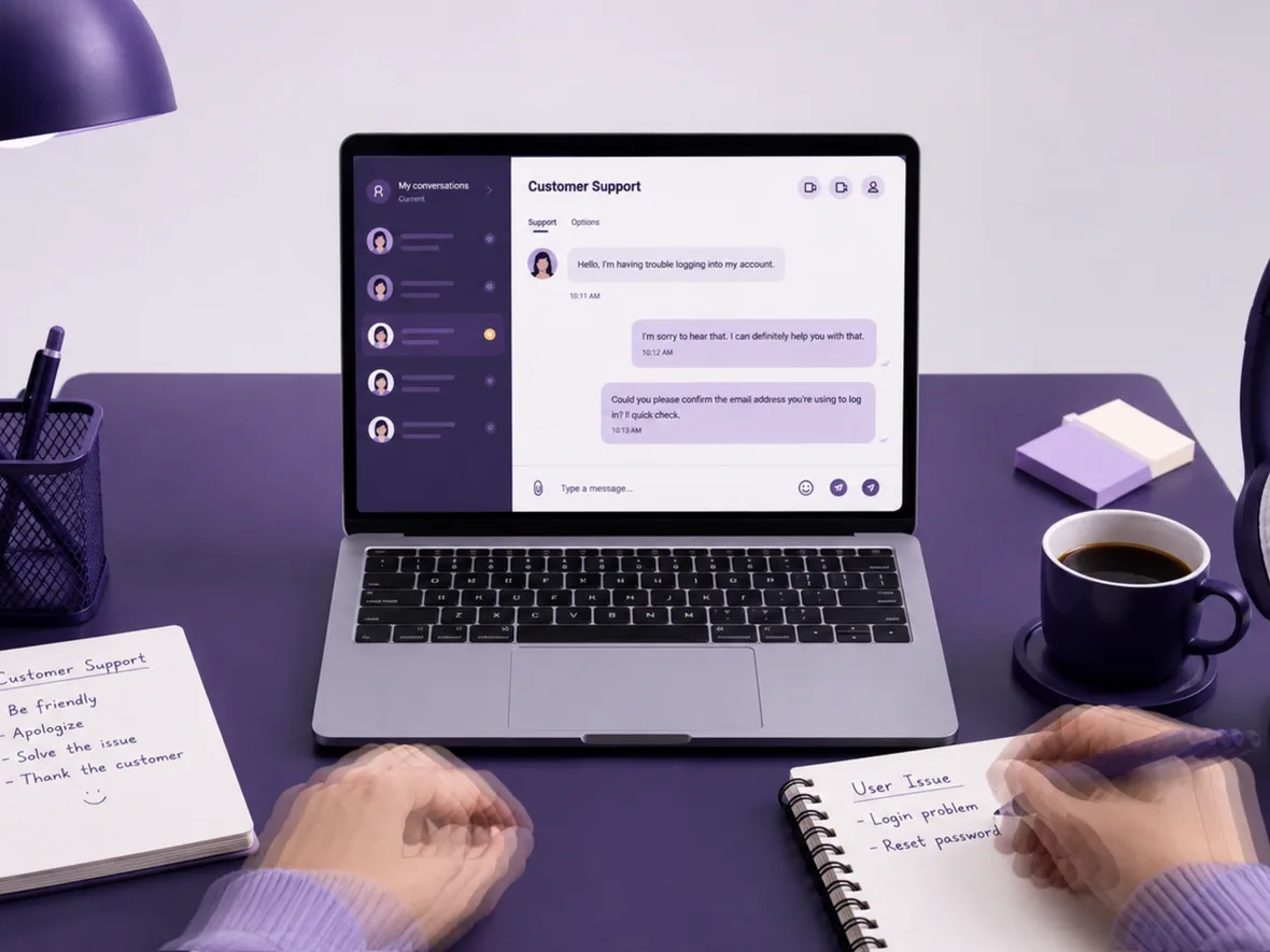 A support conversation open on a laptop, with a handwritten issue list beside it.